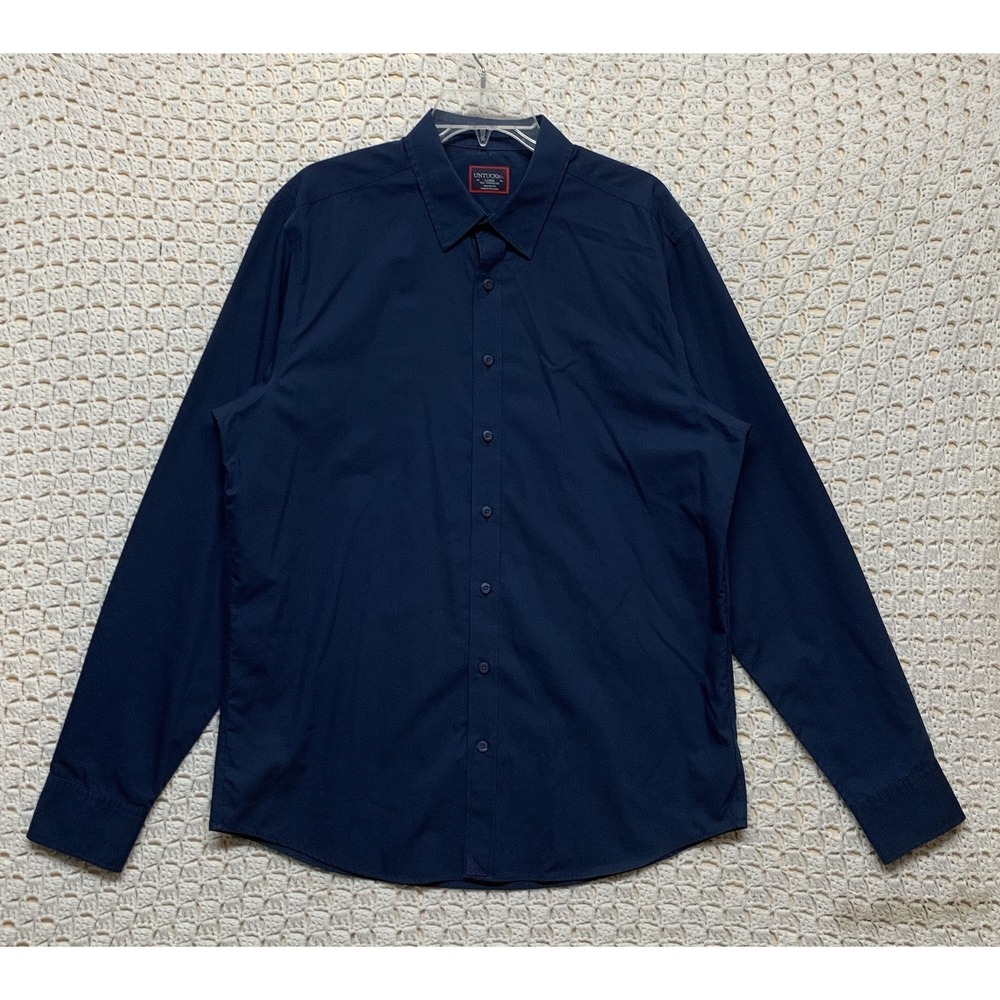 Untuckit Shirt Men Sz L Navy/Blue ‎ Solid Wrinkle Free Button Up Long Sleeve